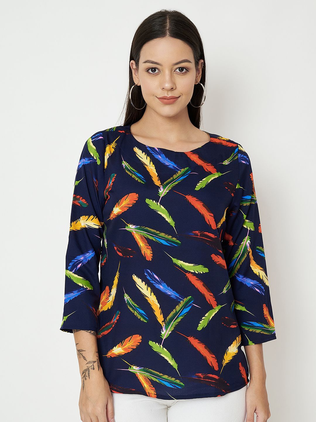 

BRINNS Women Tropical Printed Round Neck Top, Navy blue