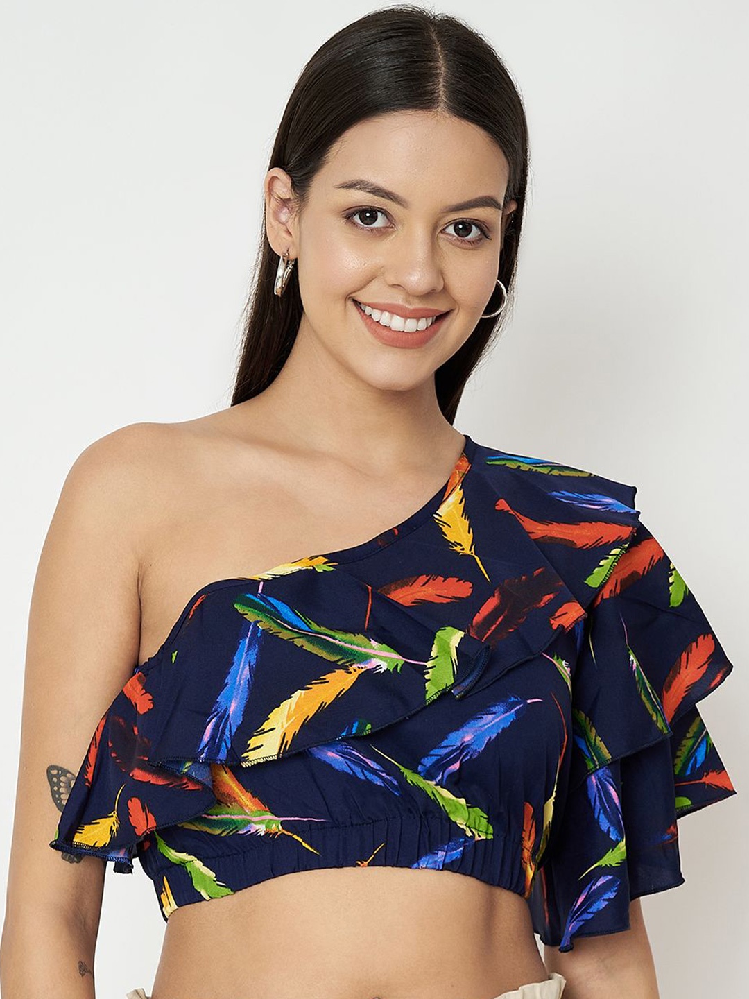 

BRINNS Women Tropical Printed One Shoulder Top, Navy blue