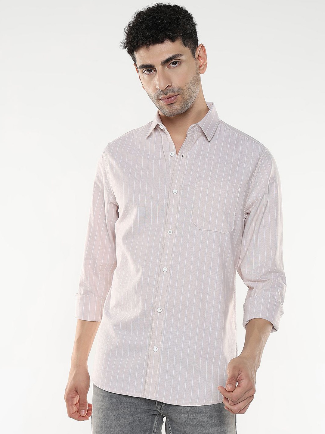 

R&B Men Spread Collar Striped Cotton Relaxed Fit Casual Shirt, Beige