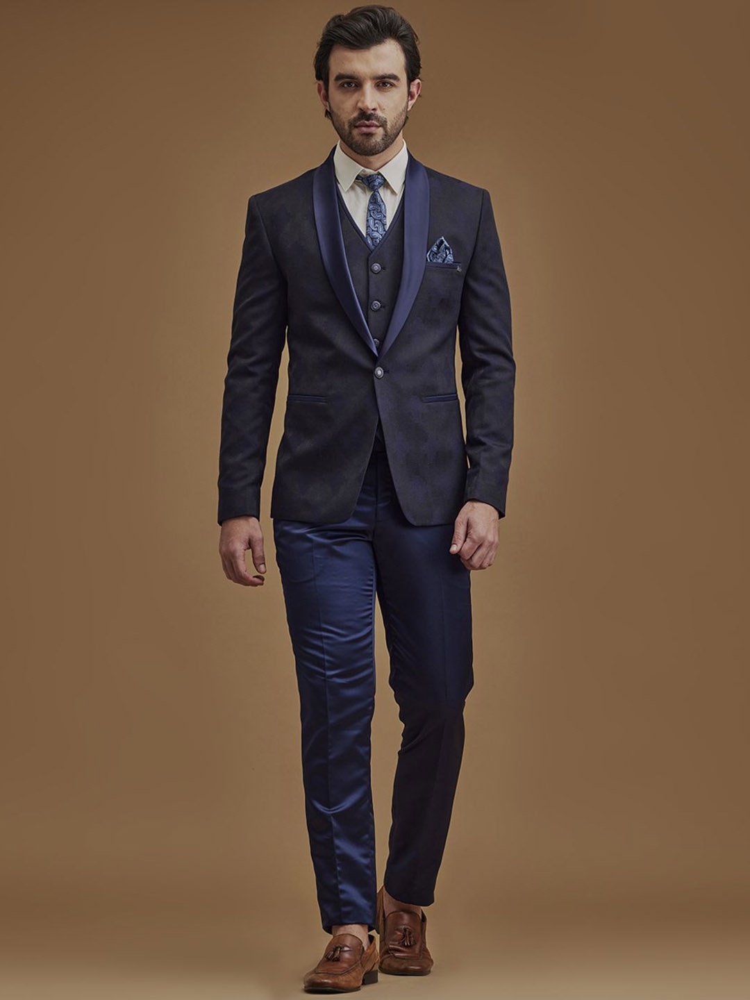 

Neumen Men Printed Single-Breasted Five-Piece Formal Suit, Navy blue