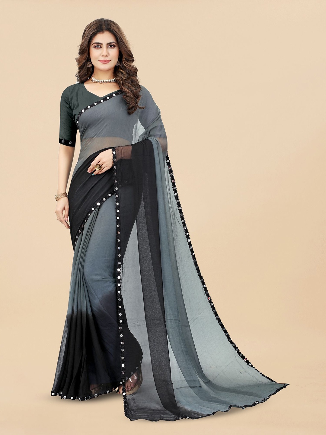 

Aika Ombre Mirror Work Pure Chiffon Saree, Black