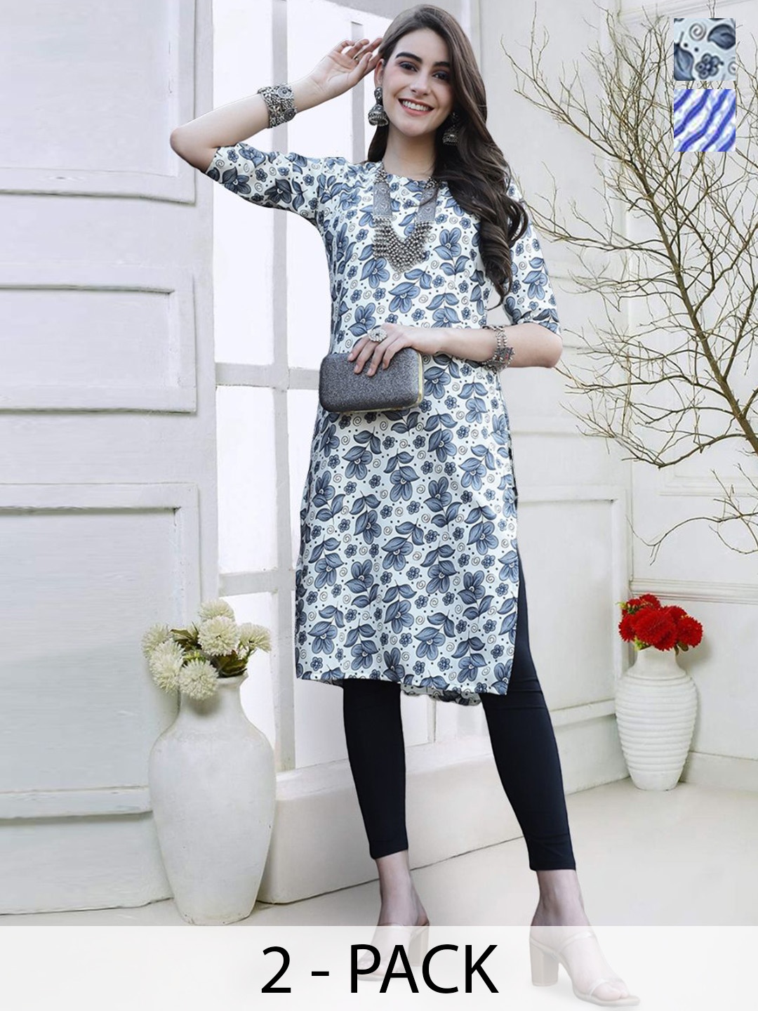 

7Threads Selection Of 2 Floral Printed Round Neck Straight Kurta, Grey