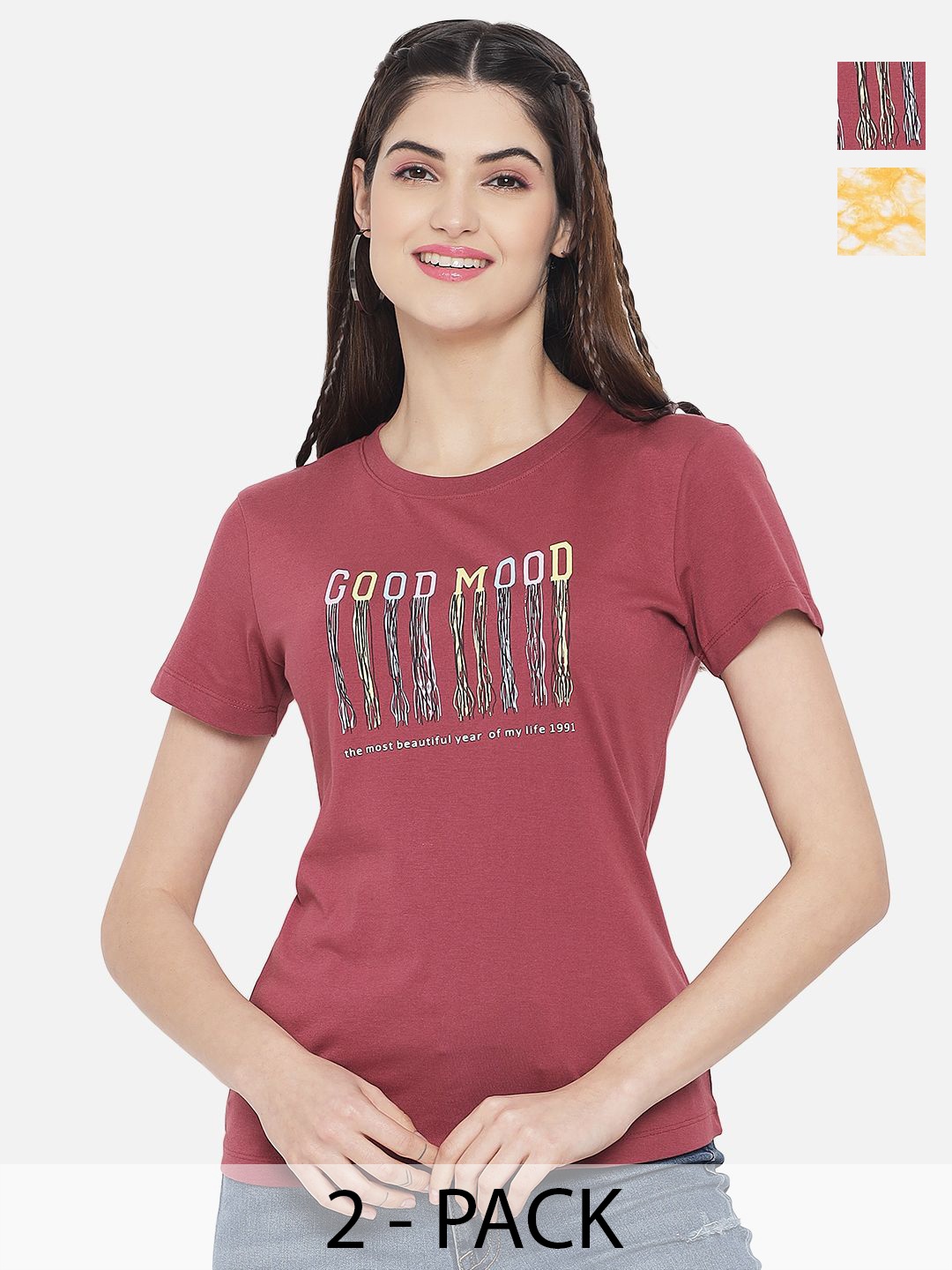

Plagg Women Pack Of 2 Typography Printed Round Neck Cotton T-Shirts, Multi