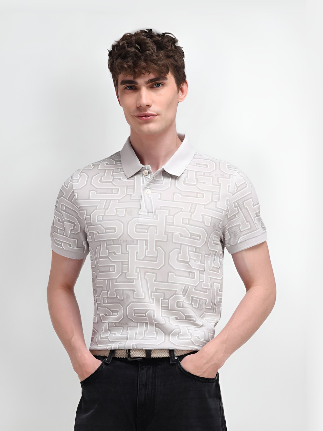 

U.S. Polo Assn. Men Abstract Printed Polo Collar Cotton Slim Fit T-Shirt, Grey