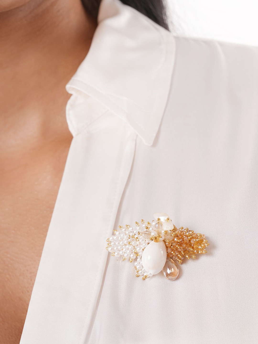 

D'oro Beaded Shvet Brooch, Beige