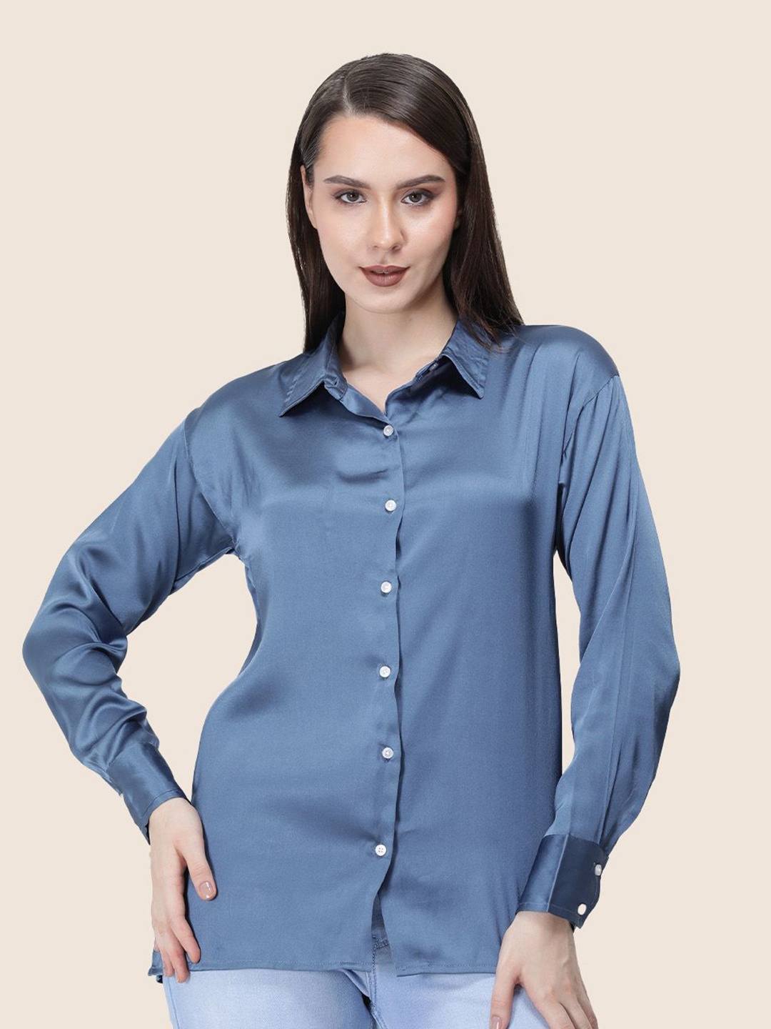 

AMSWAN Women Premium Spread Collar Solid Relaxed Fit Casual Shirt, Blue