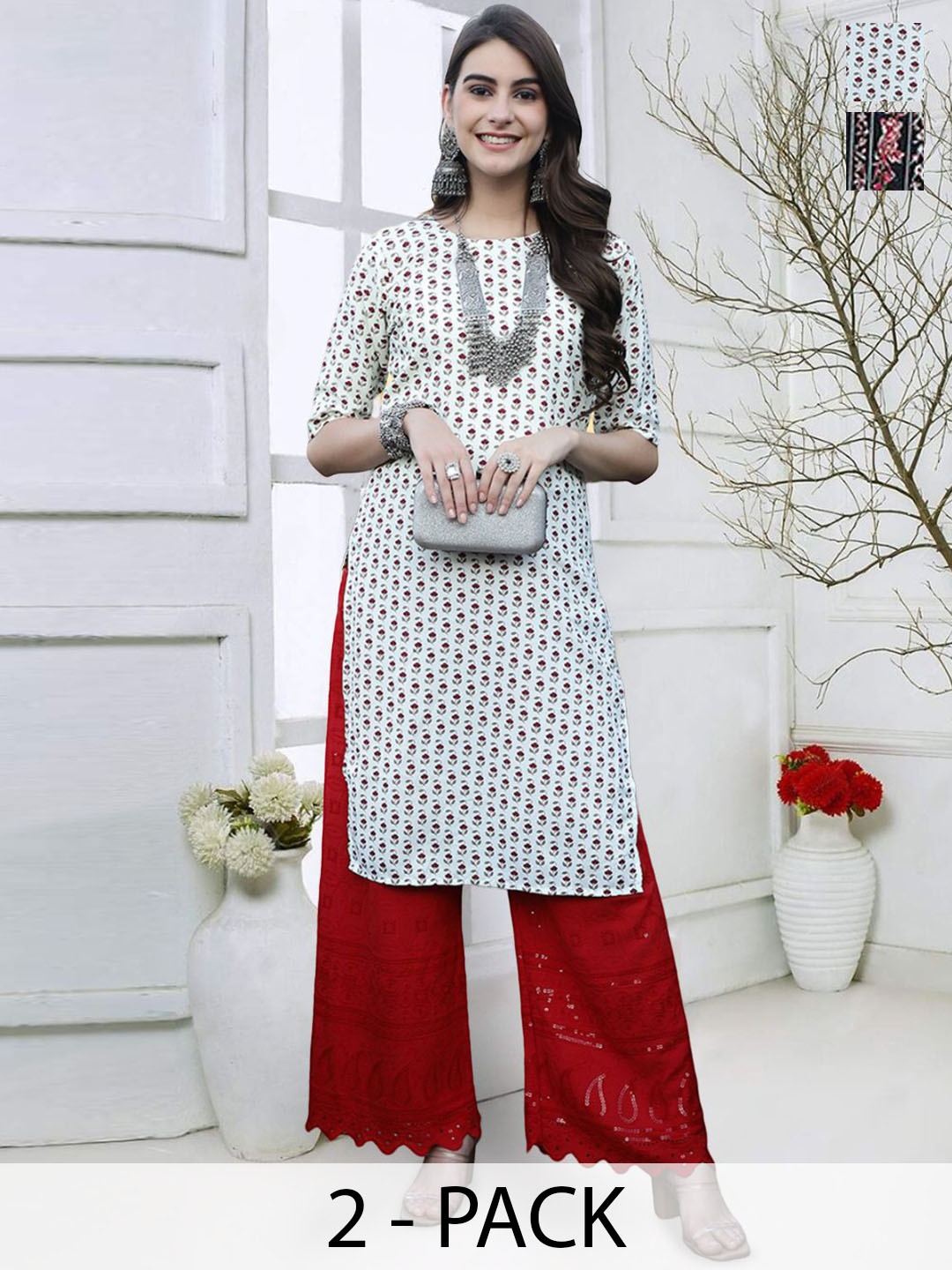 

7Threads Selection Of 2 Floral Printed Round Neck Straight Kurtas, White