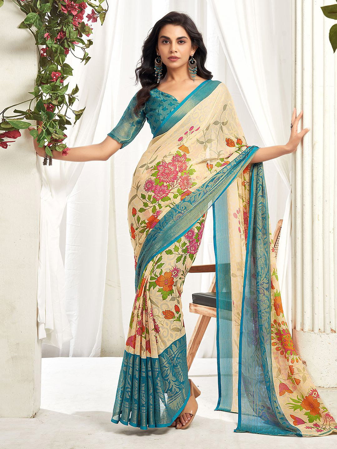 

KALINI Floral Pure Chiffon Bagh Saree With Zari Border, Blue