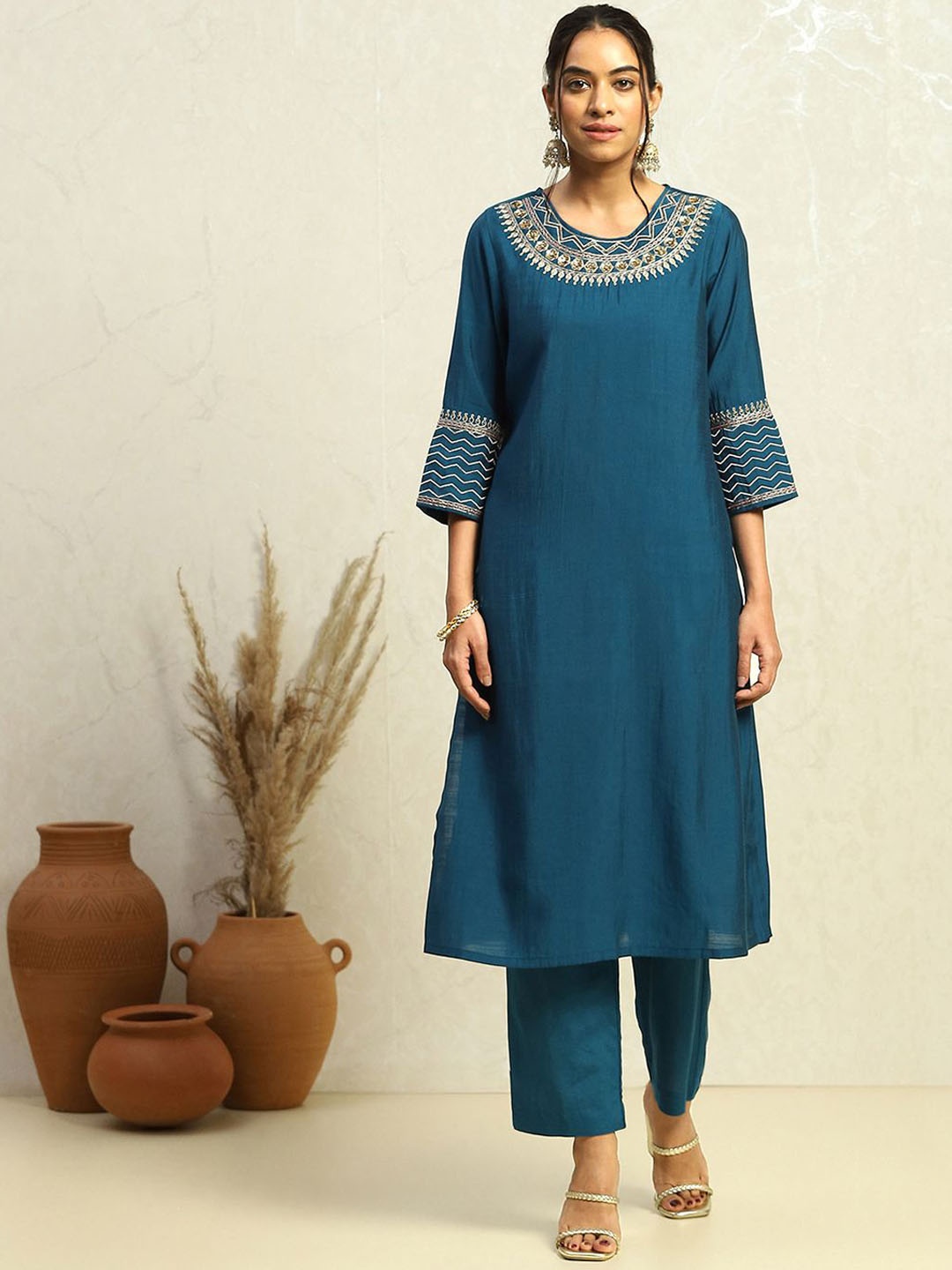 

Biba Floral Yoke Design Sequinned A-Line Kurta, Blue