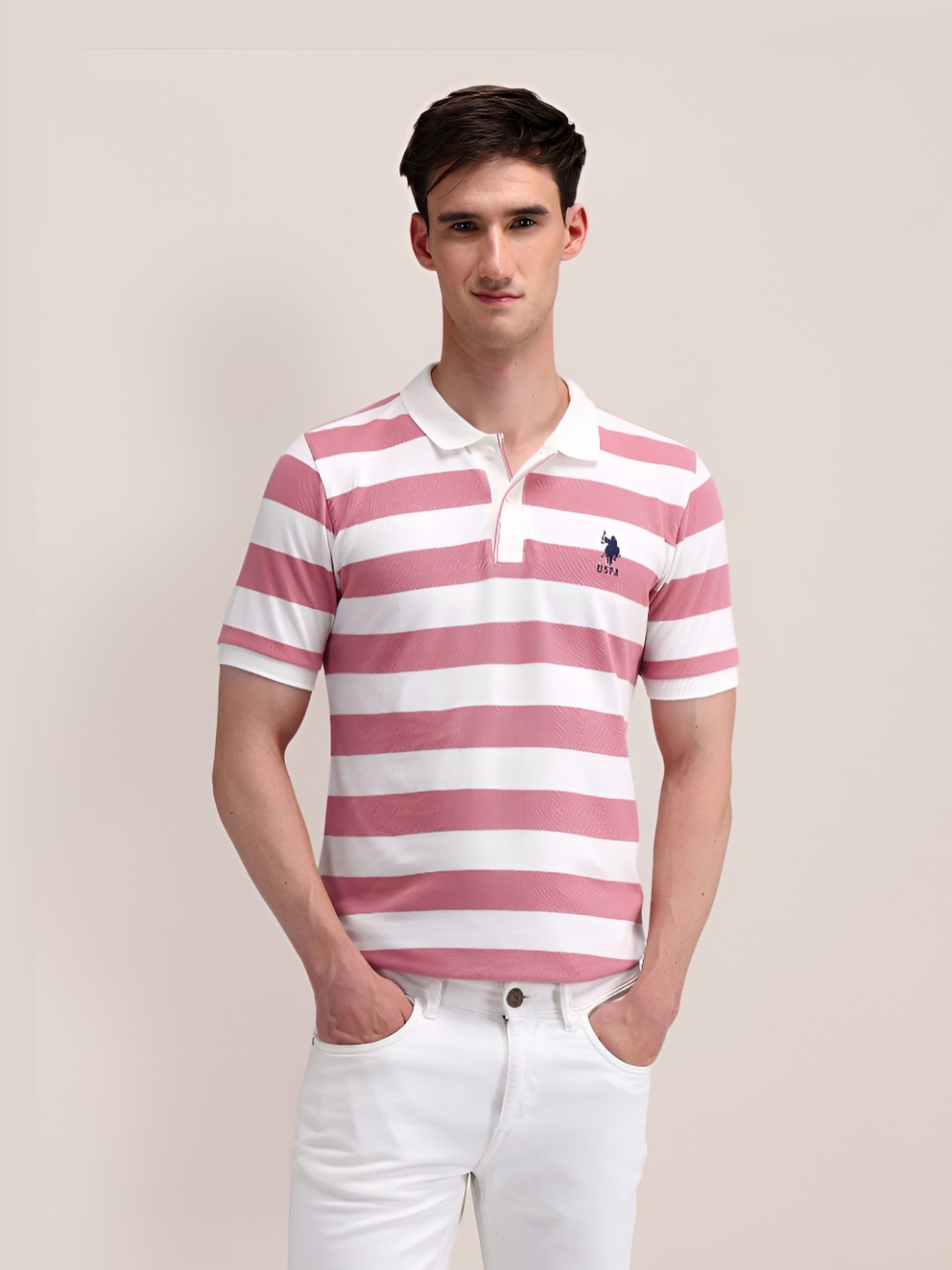 

U.S. Polo Assn. Men Striped Polo Collar Cotton Slim Fit T-Shirt, Pink