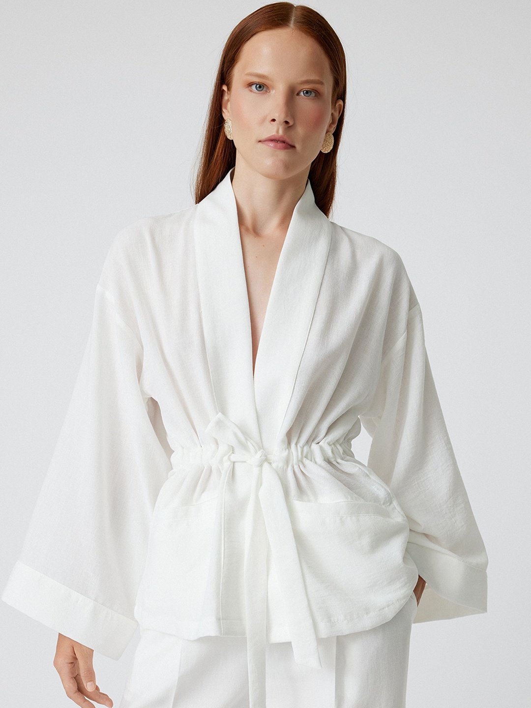 

Koton Women V-Neck Long Sleeve Robe With Waist Belt, White