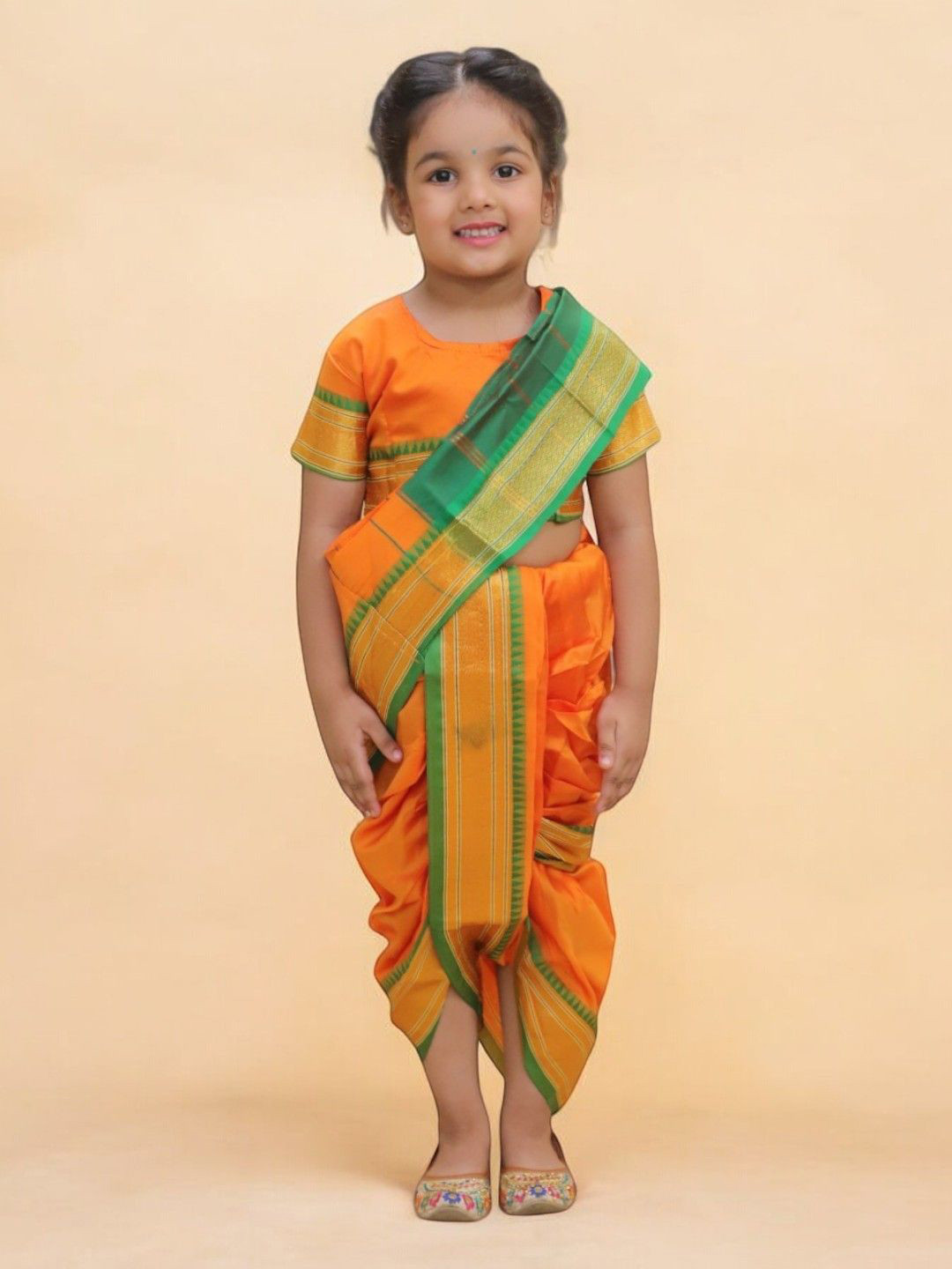 

LITTLE GINNIE Girls Zari Border Ready To Wear Silk Saree, Orange