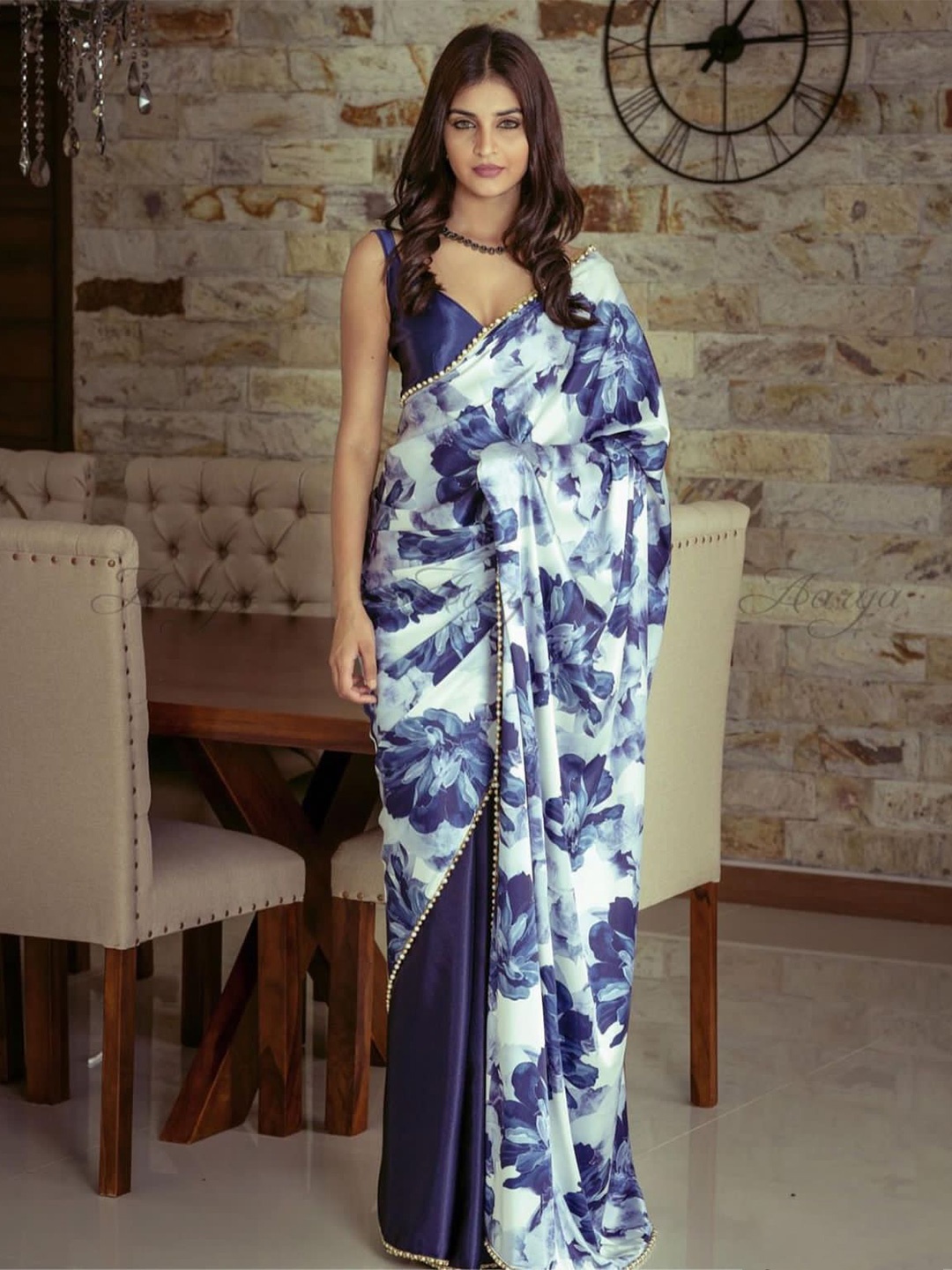 

Aika Floral Beads and Stones Satin Half and Half Saree, Navy blue