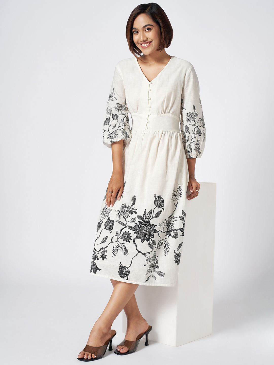 

Honey by Pantaloons Floral Printed Cotton Fit & Flare Midi Dress, Off white