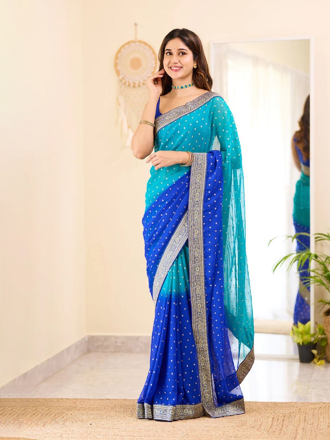 

Aika Women Polka Dots Printed Pure Georgette Saree, Turquoise blue