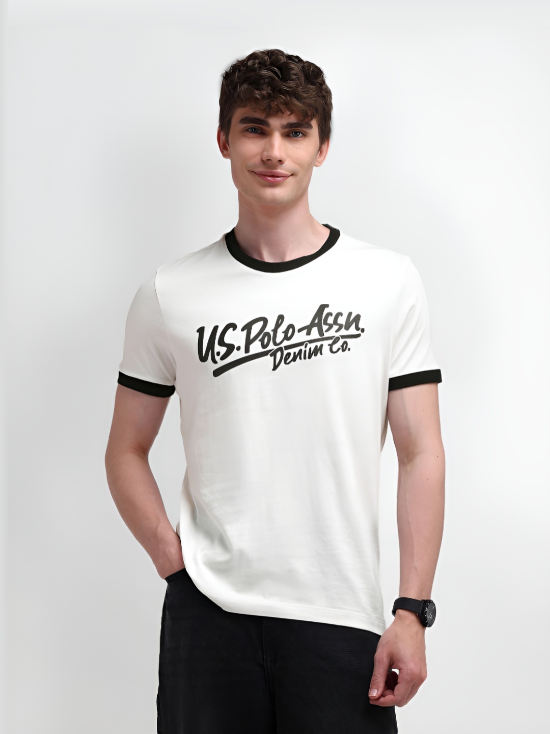 

U.S. Polo Assn. Men Typography Printed Round Neck Cotton Slim Fit T-Shirt, White