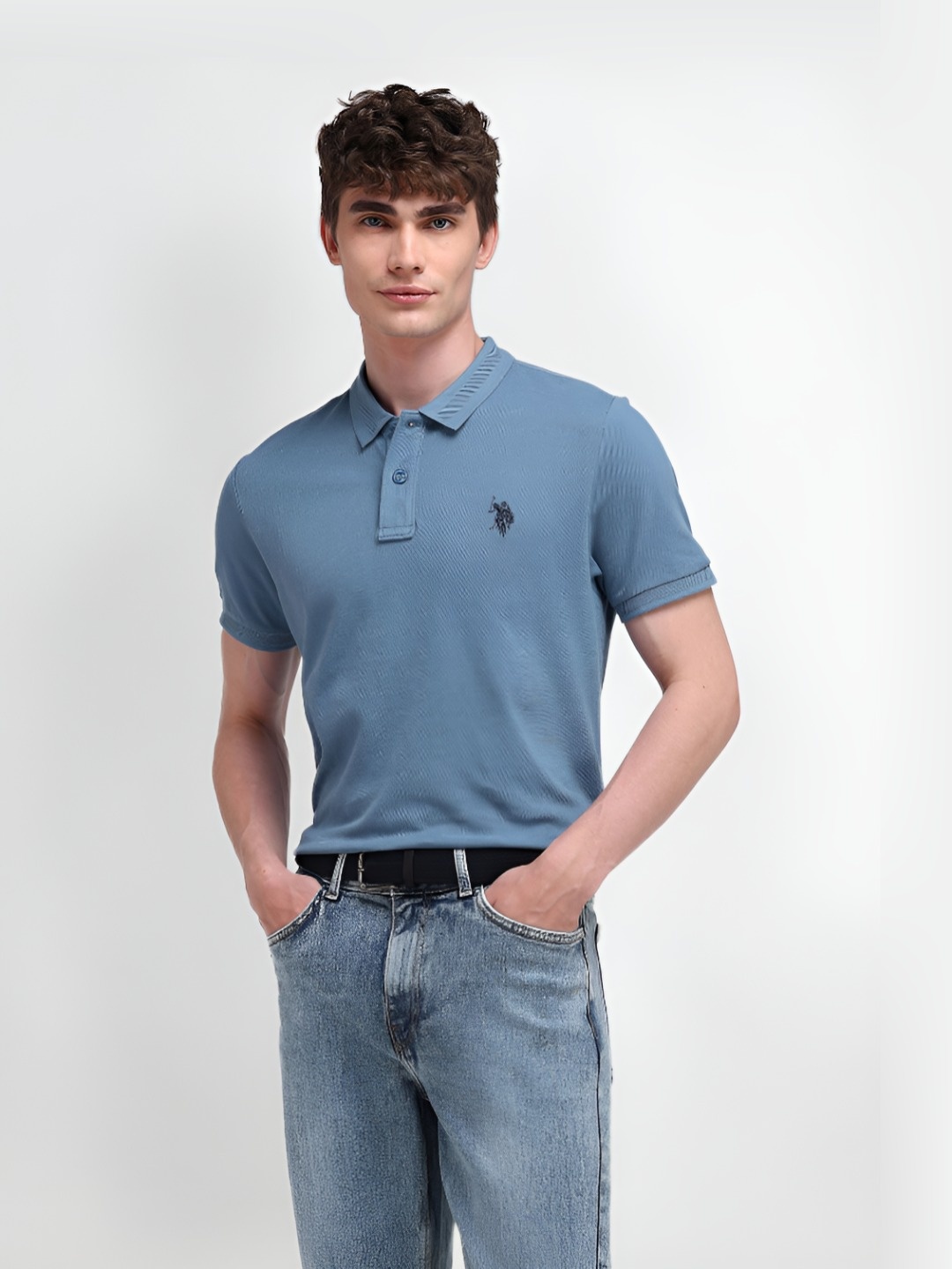 

U.S. Polo Assn. Men Solid Polo Collar Cotton Slim Fit T-Shirt, Blue