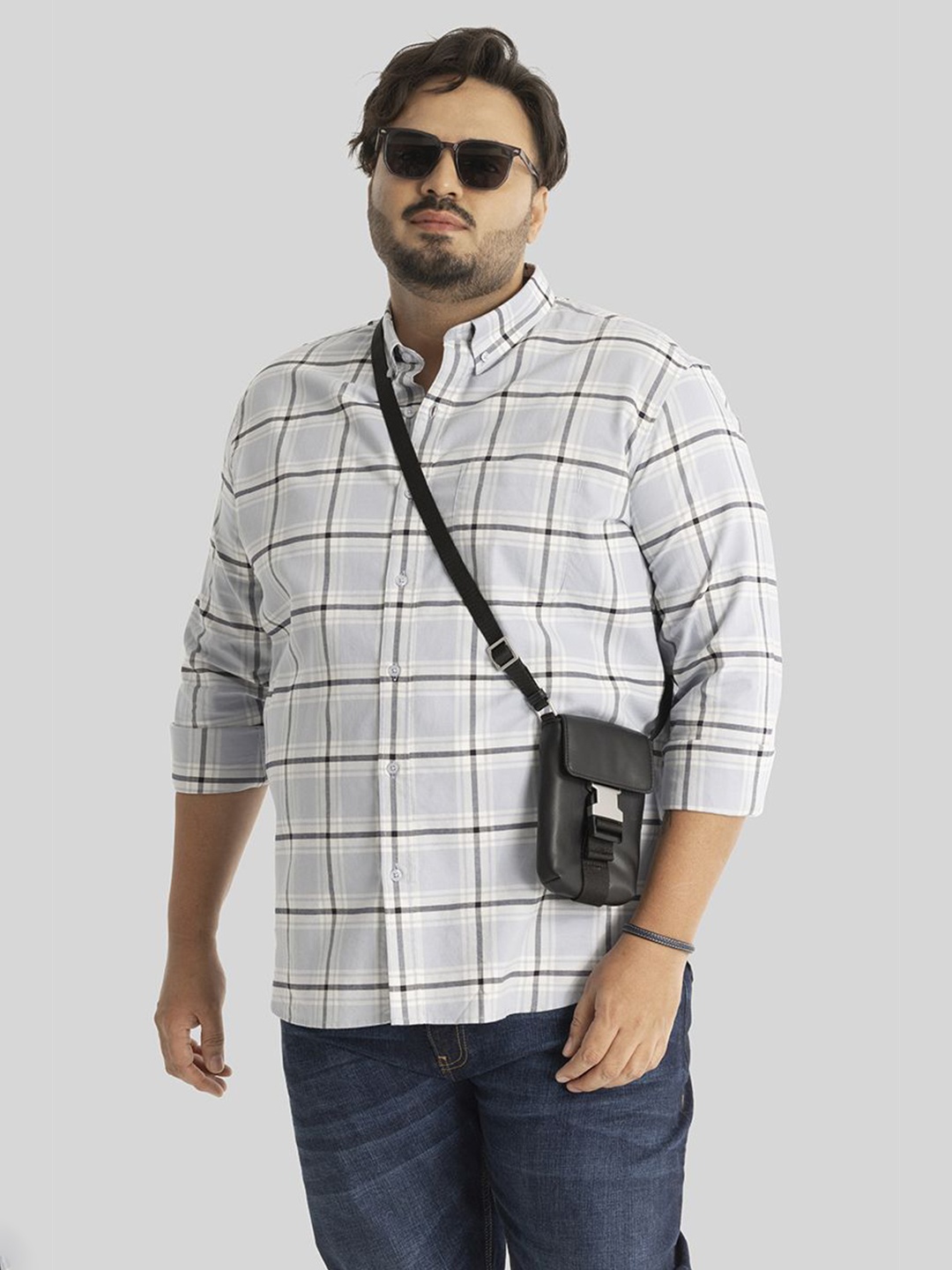 

Snitch Plus Size Men Relaxed Windowpane Checks Opaque Checked Casual Shirt, Blue