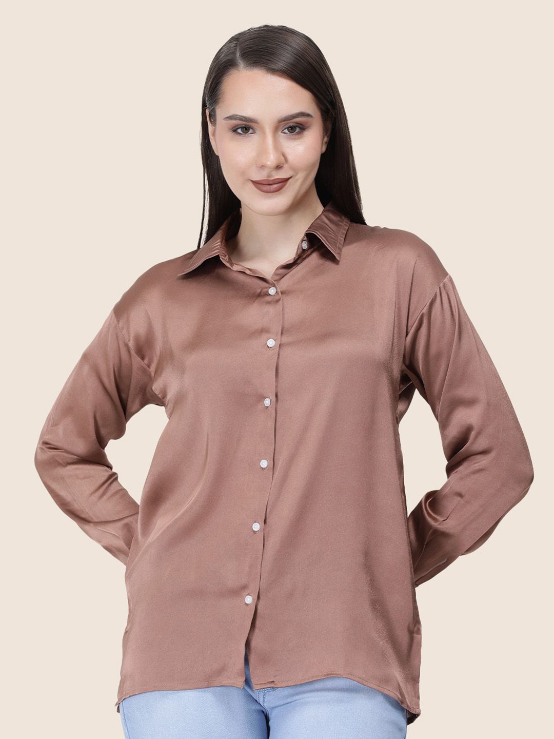 

AMSWAN Women Premium Spread Collar Solid Relaxed Fit Casual Shirt, Brown