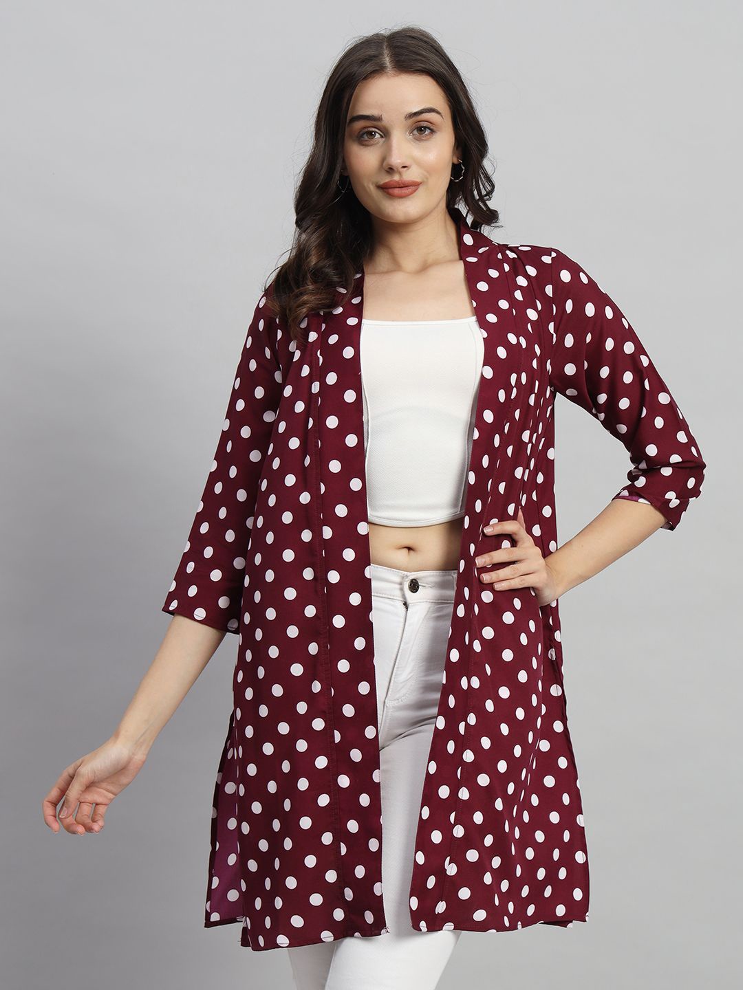 

Curvydrobe Polka Dot Printed Longline Open Front Shrug, Burgundy