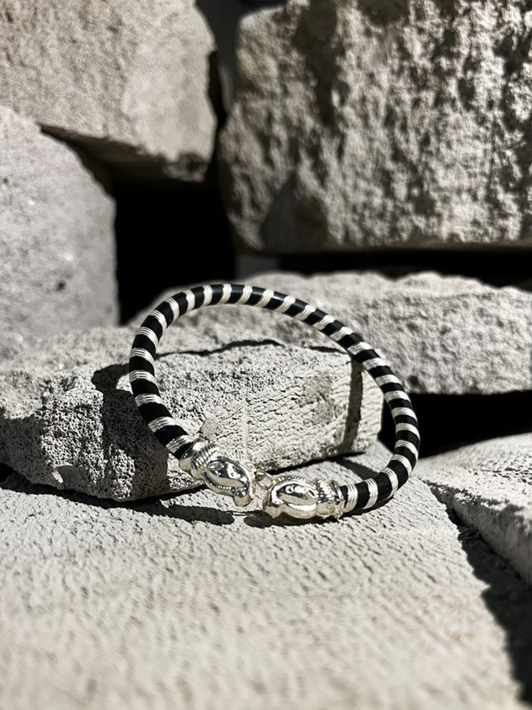 

Be Desi Men Sterling Silver Elepant Head Kada Bracelet, Black