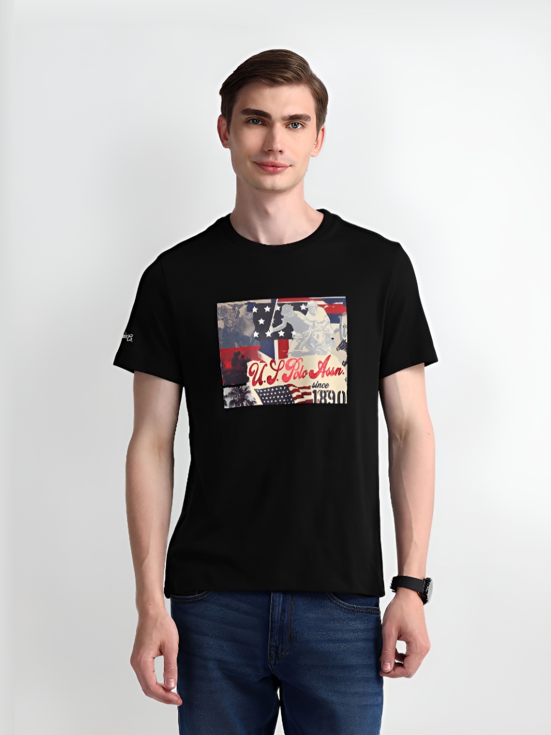 

U.S. Polo Assn. Men Graphic Printed Round Neck Cotton Slim Fit T-Shirt, Black
