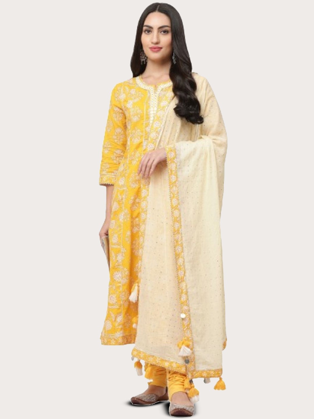 

SAVI Floral Printed Mirror Work Pure Cotton Kurta With Churidar & Dupatta, Yellow