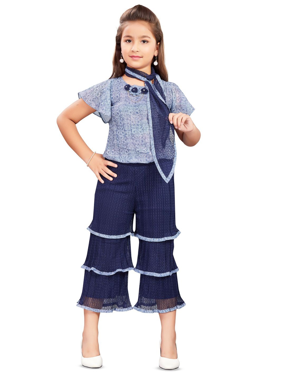 

Lei-Chie Girls Printed Top With Net Trouser And Stole, Navy blue