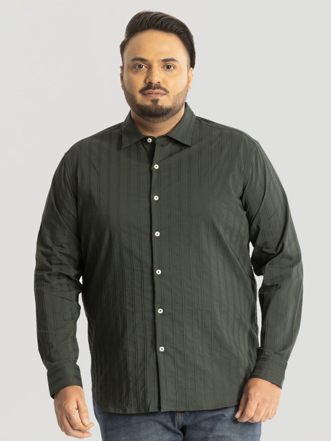 

Snitch Men Plus Size Classic Spread Collar Striped Cotton Casual Shirt, Olive