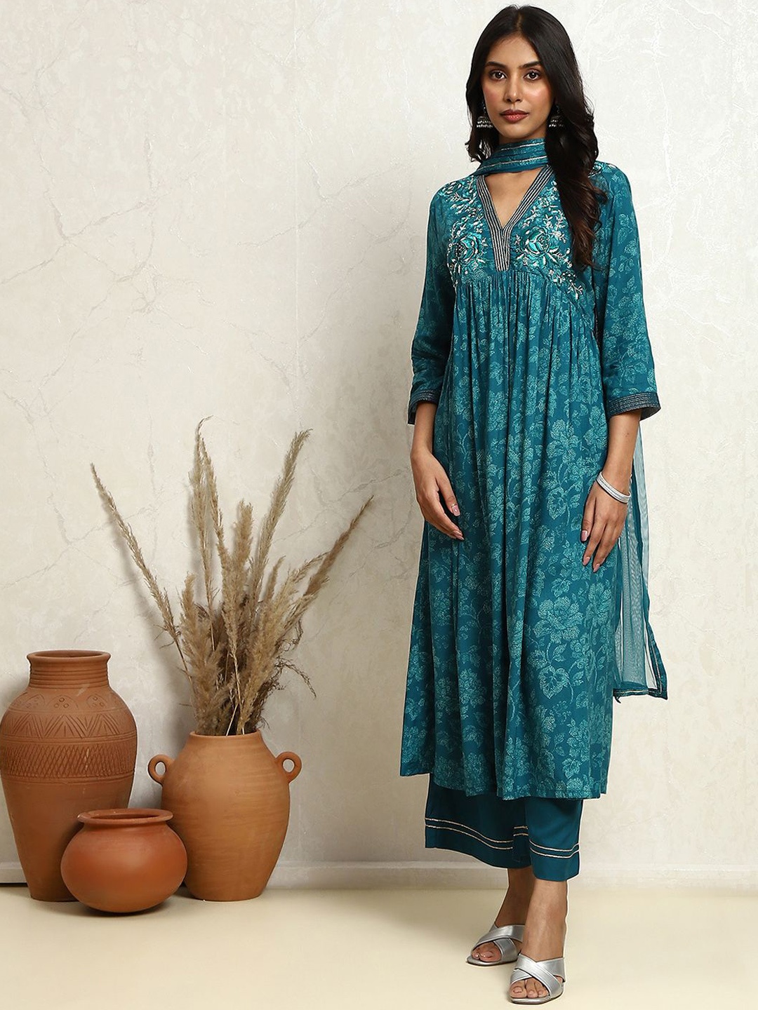 

Biba Ethnic Motifs Printed Empire A-Line Kurta With Palazzo & Dupatta, Blue