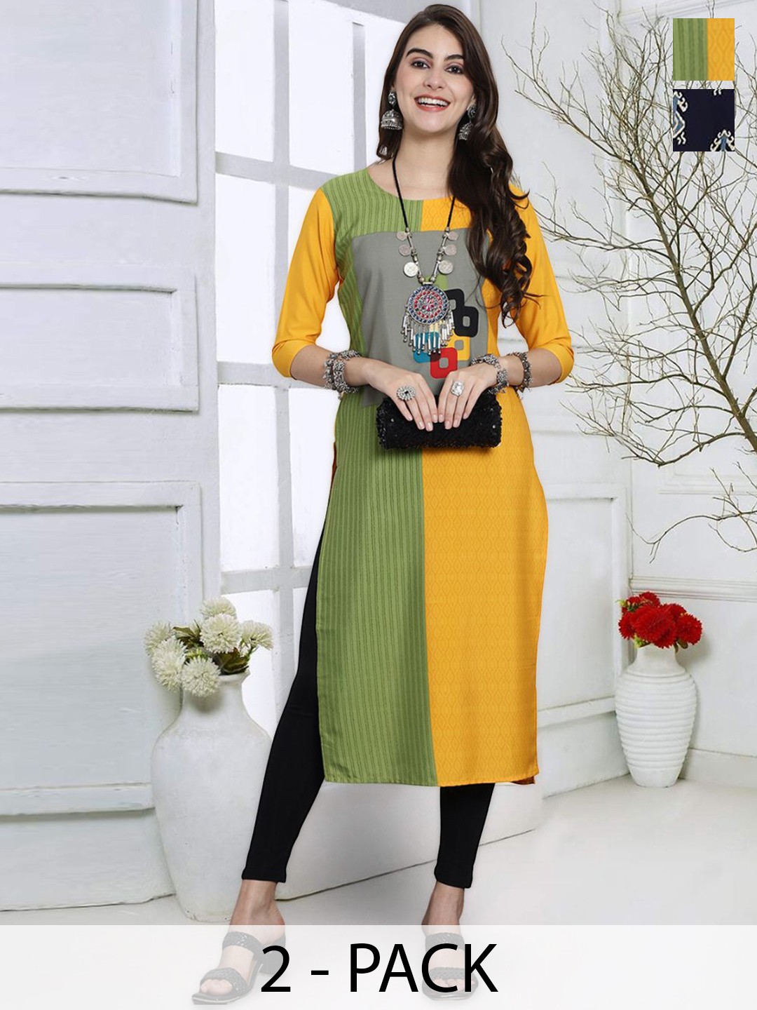 

7Threads Selection Of 2 Geometric Printed Round Neck Straight Kurta, Yellow