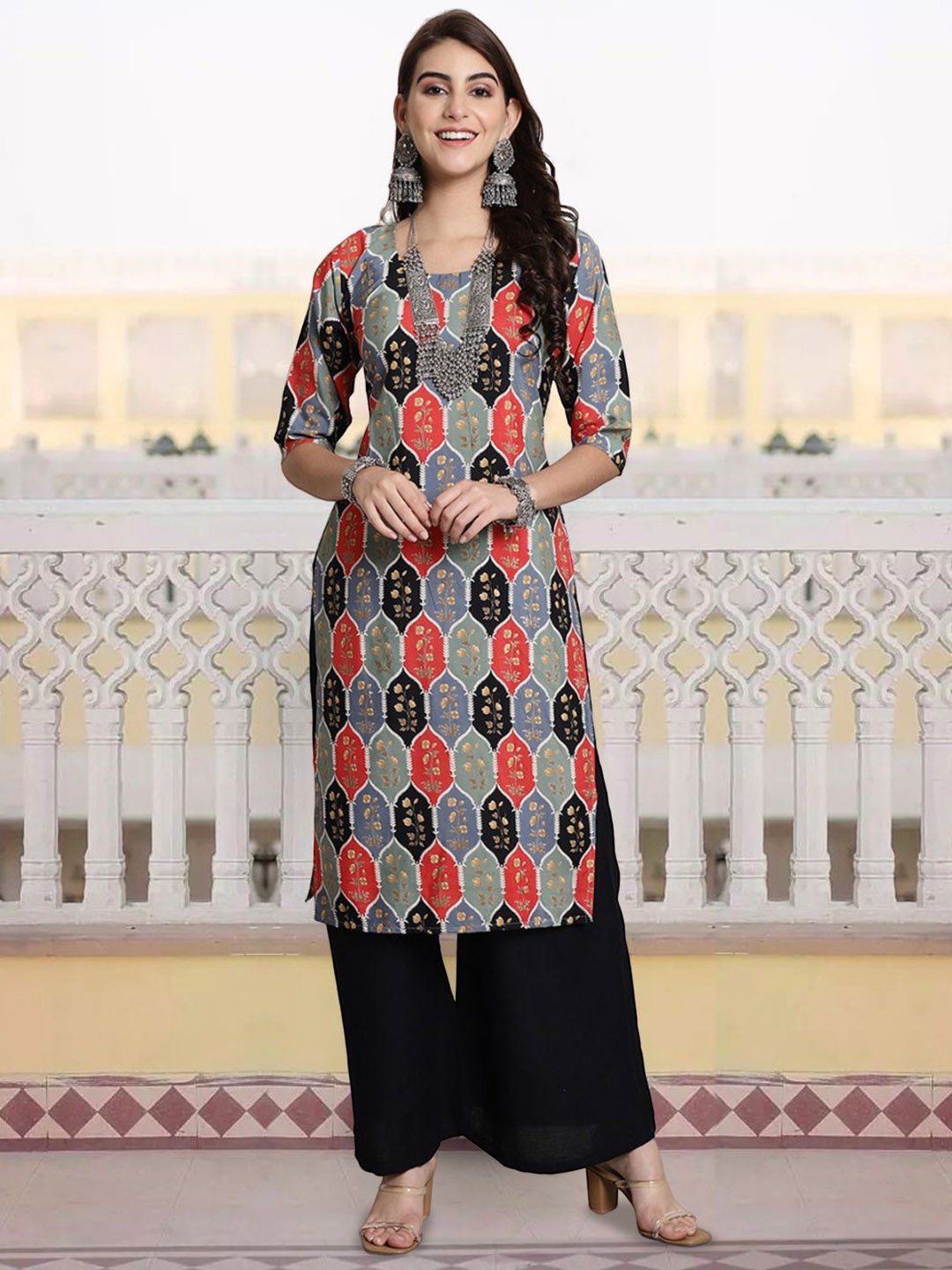 

7Threads Geometric Printed Round Neck Regular Crepe Straight Kurta, Black