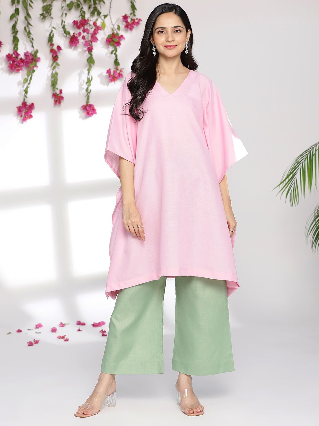 

LetsDressUp V Neck Kimono Sleeves Pure Cotton Kaftan Kurta, Pink