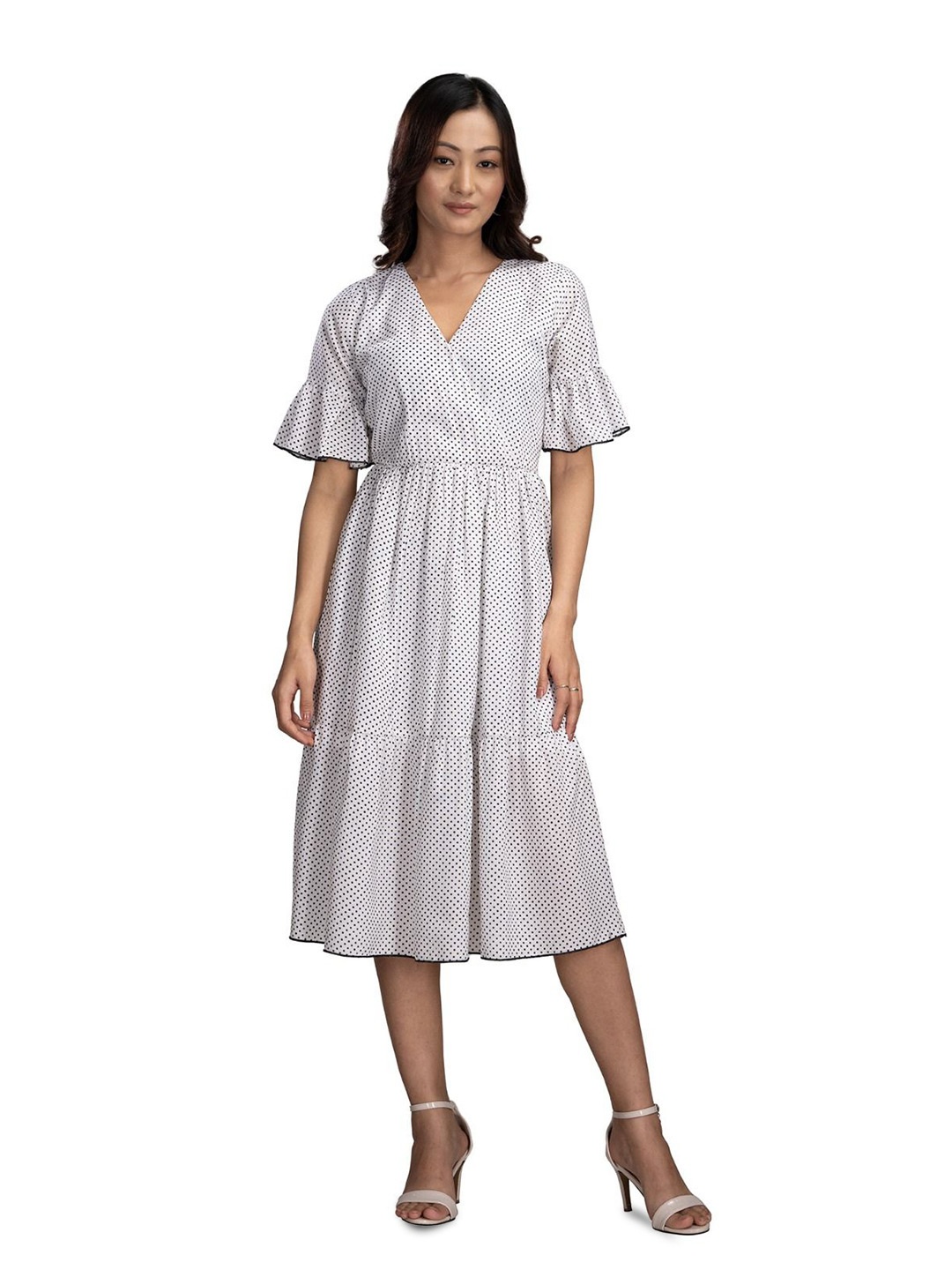 

KRISS-CROX Print Flared Sleeve Fit & Flare Midi Dress, White