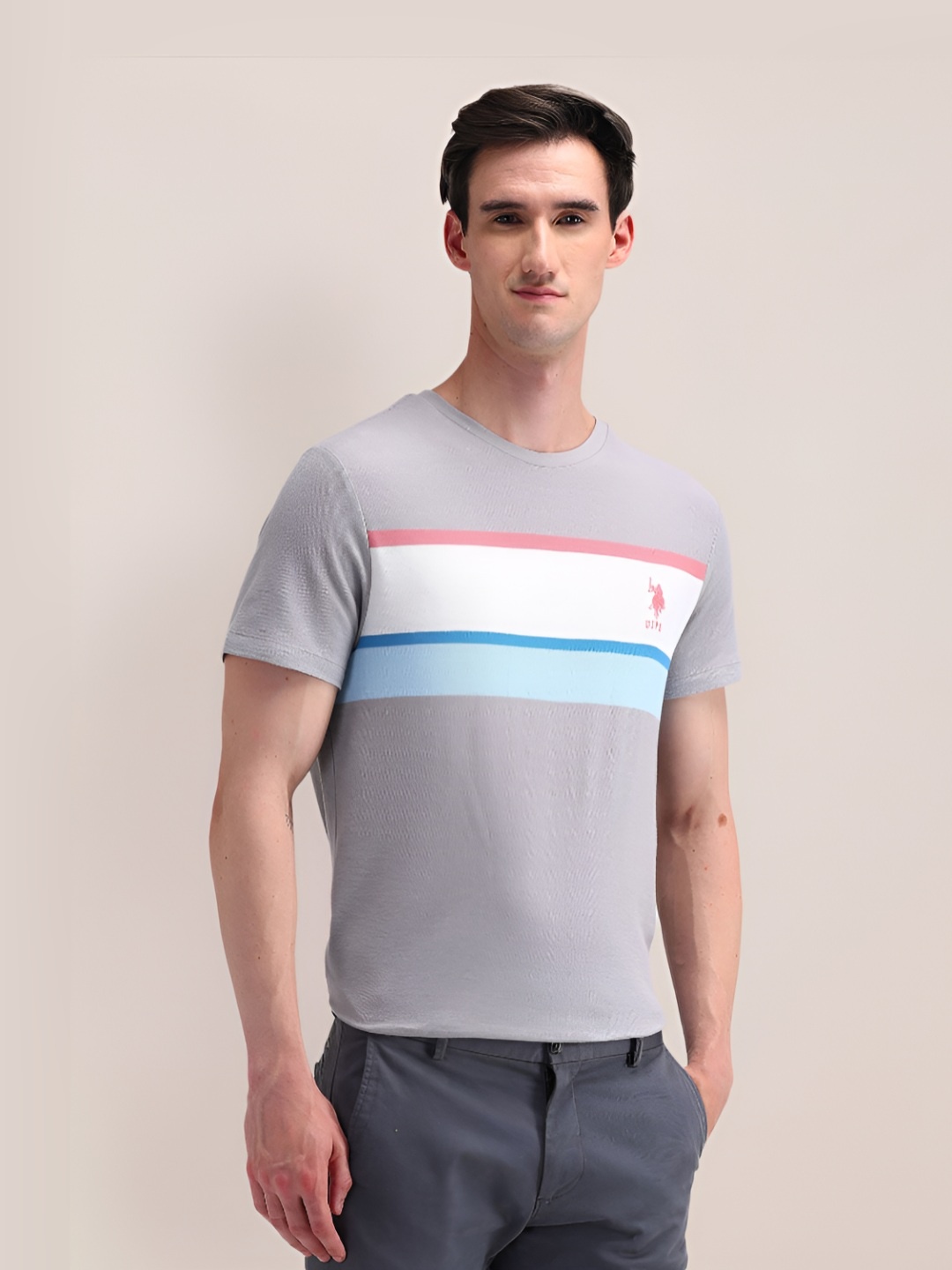 

U.S. Polo Assn. Men Colourblocked Round Neck Cotton Slim Fit T-Shirt, Grey