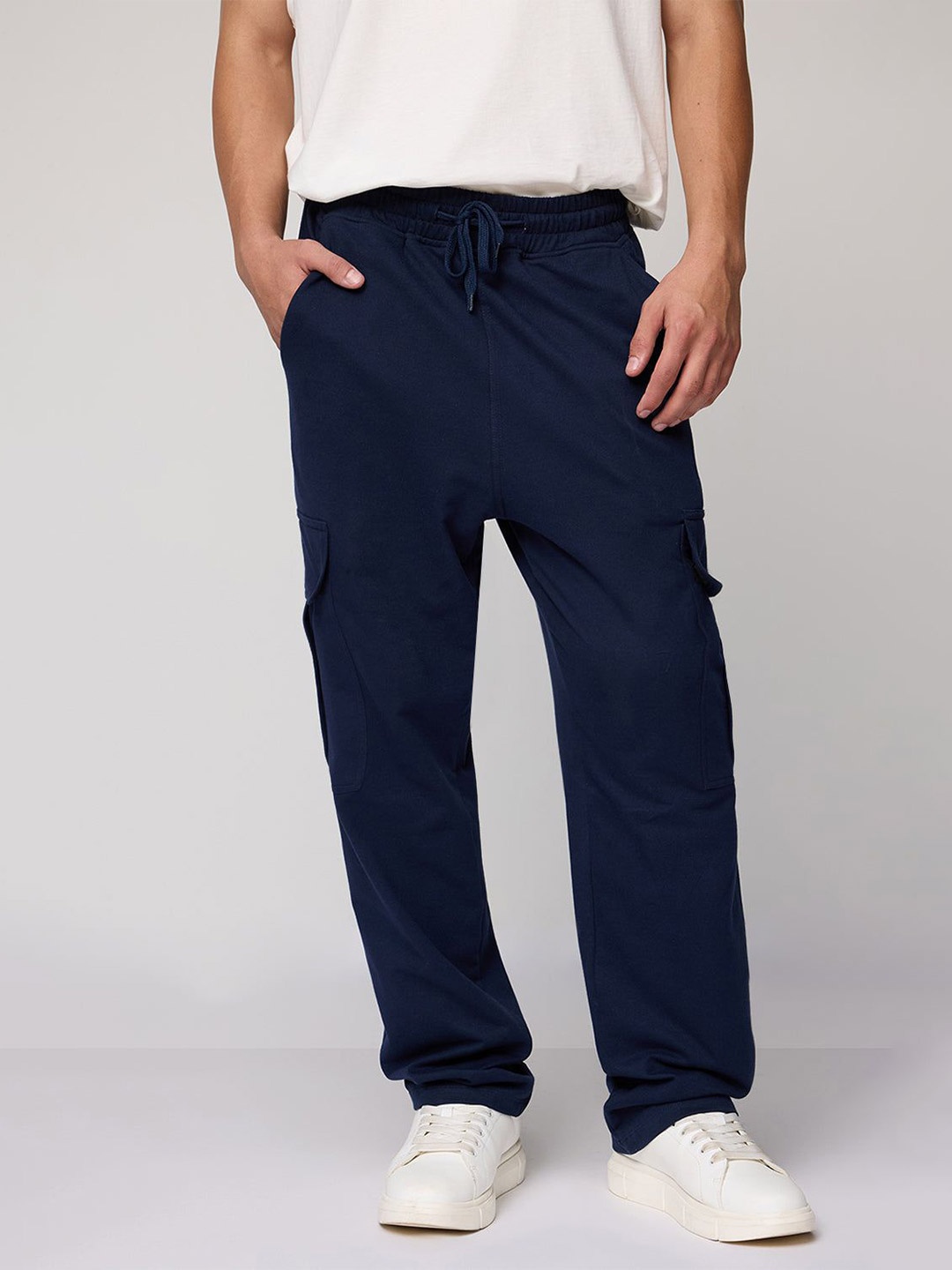 

FREAKINS Men Mid-Rise Loose Fit Cotton Cargos Trousers, Navy blue