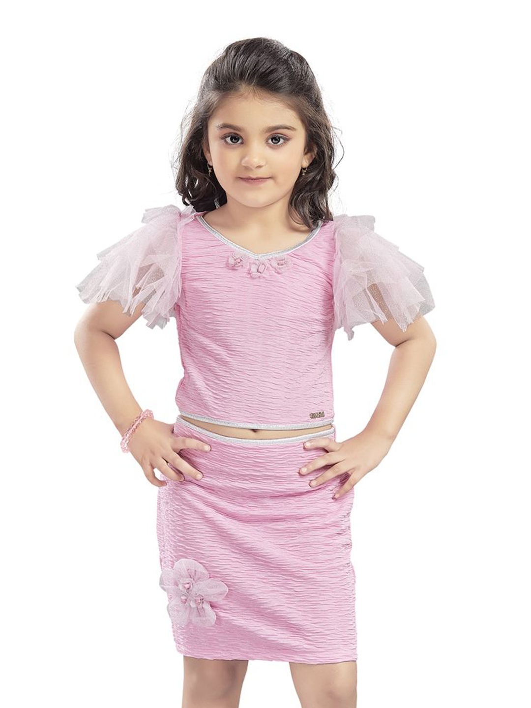 

Lei-Chie Girls Self Design Top With Skirt, Pink