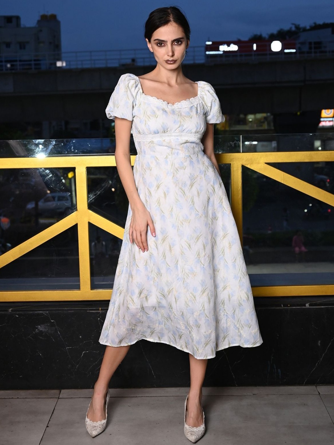 

ODETTE Floral Printed Puff Sleeve Midi A-Line Dress, Blue