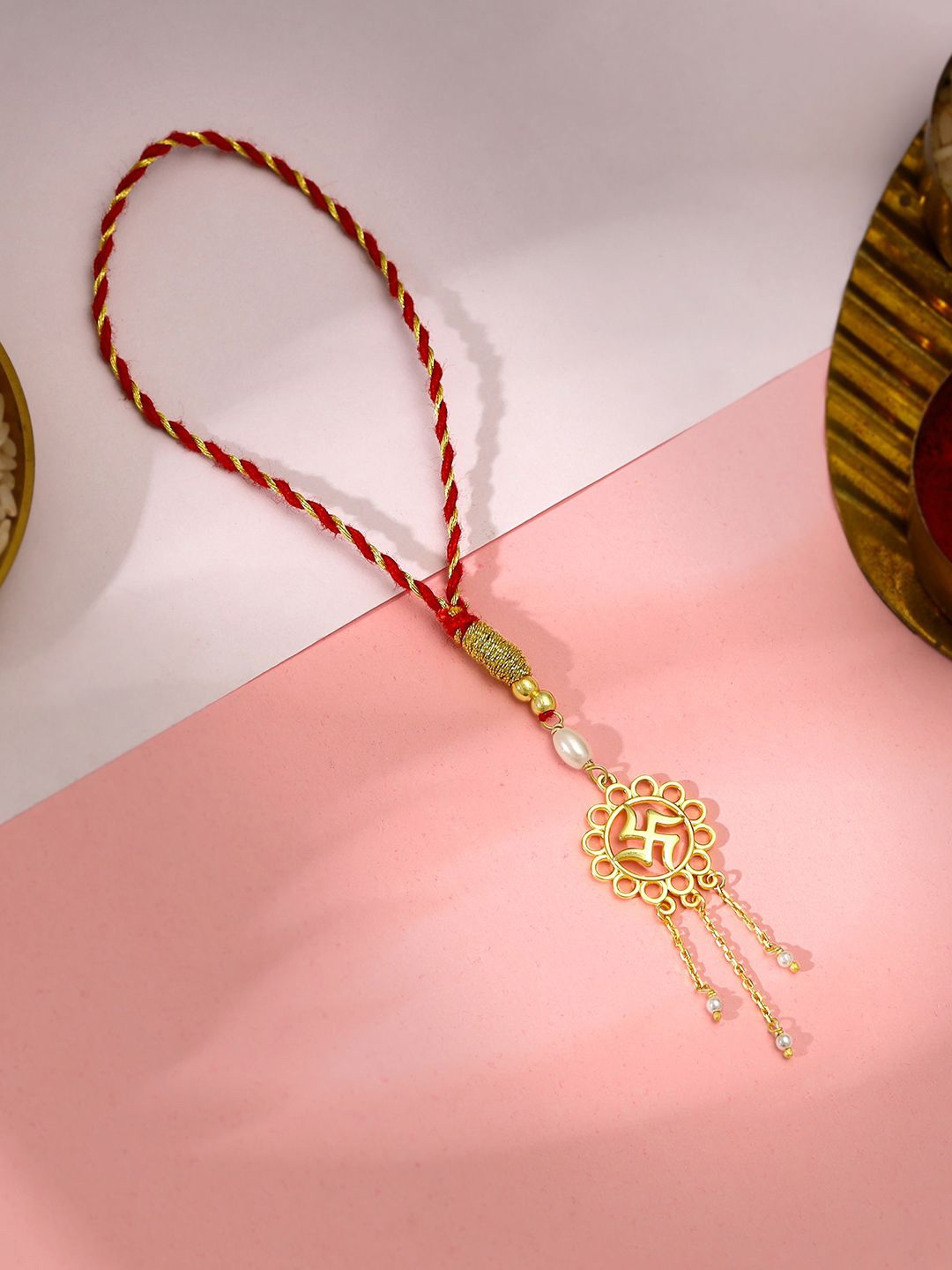 

GIVA 925 Silver Swastik Bloom Lumba Rakhi Rakhi With Roli and Chawal, Gold