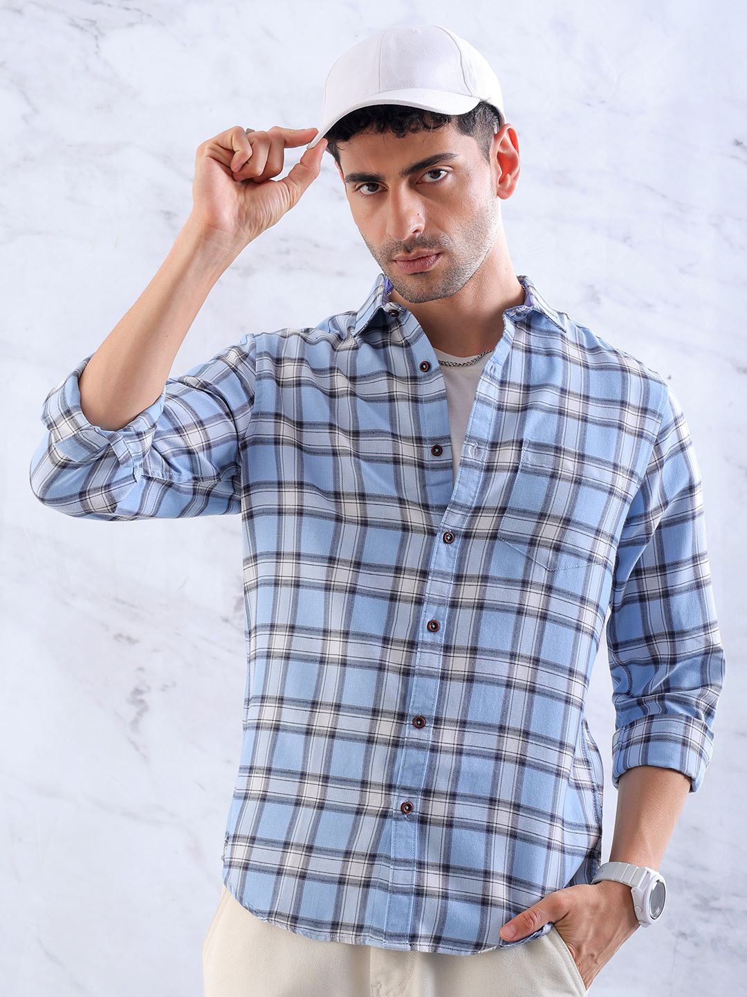 

Hardsoda by The Indian Garage Co Men Spread Collar Tartan Checked Slim Fit Casual Shirt, Blue