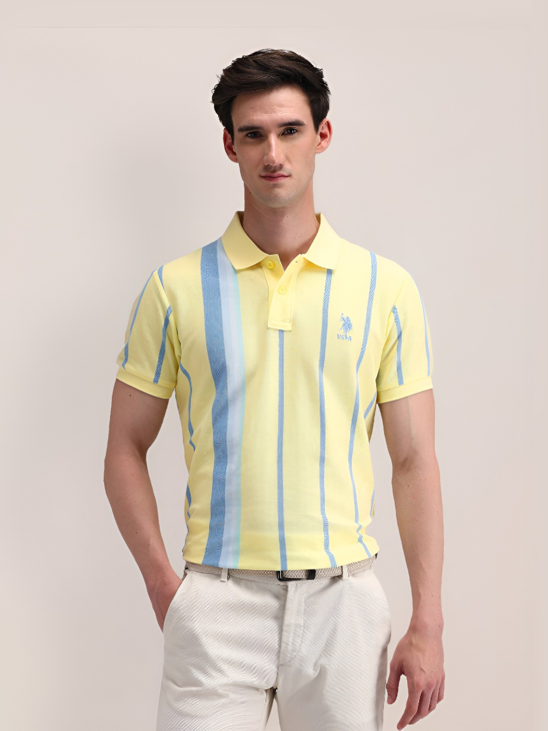 

U.S. Polo Assn. Men Striped Polo Collar Cotton Slim Fit T-Shirt, Yellow