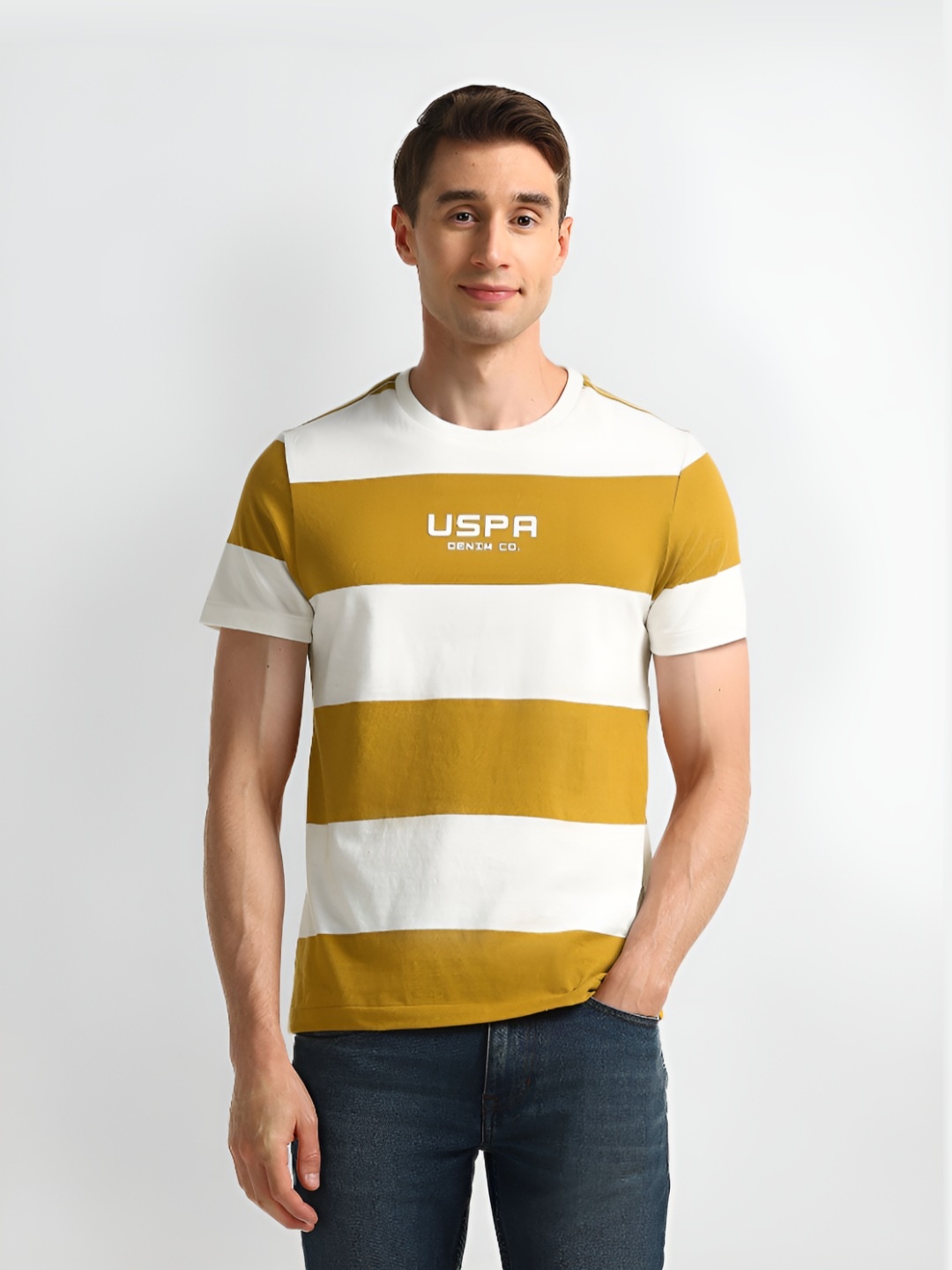 

U.S. Polo Assn. Men Colourblocked Round Neck Cotton Slim Fit T-Shirt, Yellow