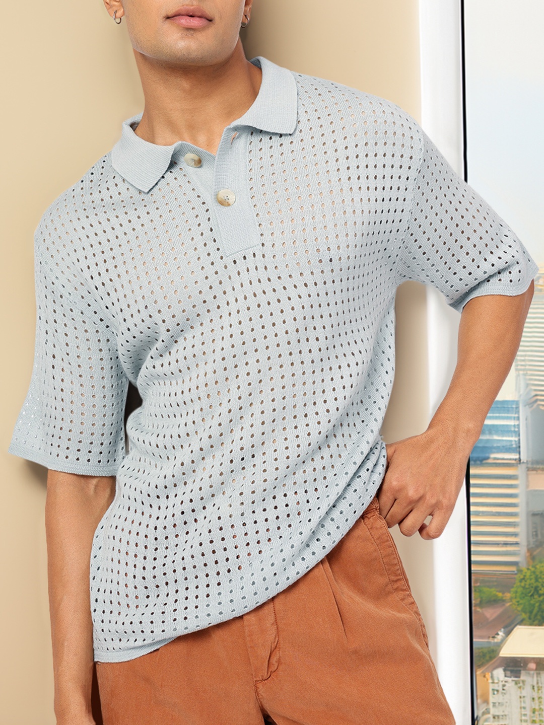 

Kook N Keech Resort Radiance Open Knit Acrylic Polo Oversized T-shirt, Blue