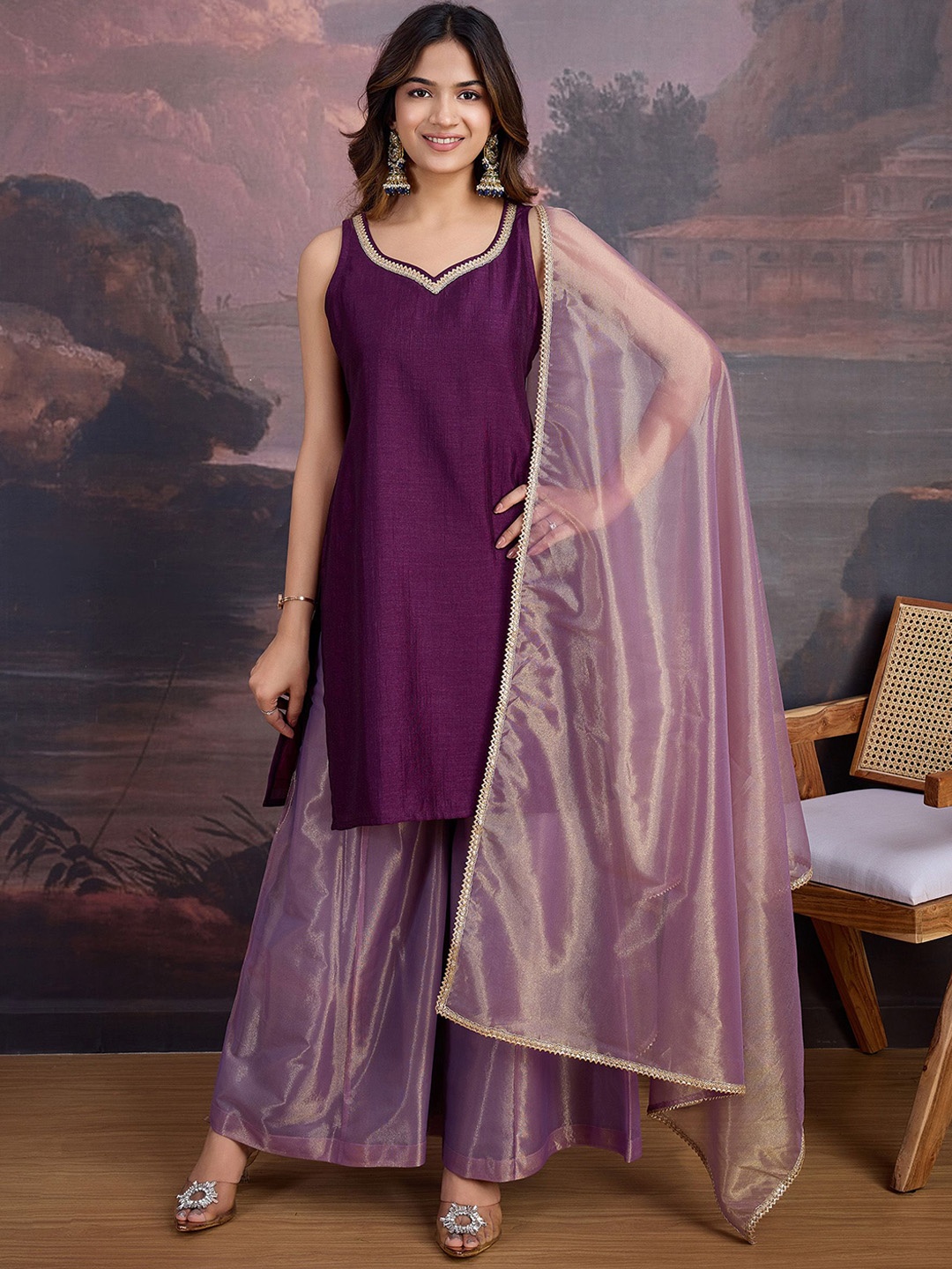 

House of Pataudi Gotta Patti Sweetheart Neck Sleeveless Kurta And Palazzo With Dupatta, Purple