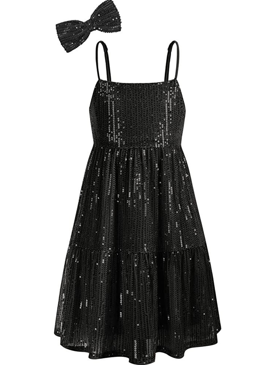 

FAIRY DOLLS Girls Sequined Embellished Tiered Fit & Flare Dress, Black