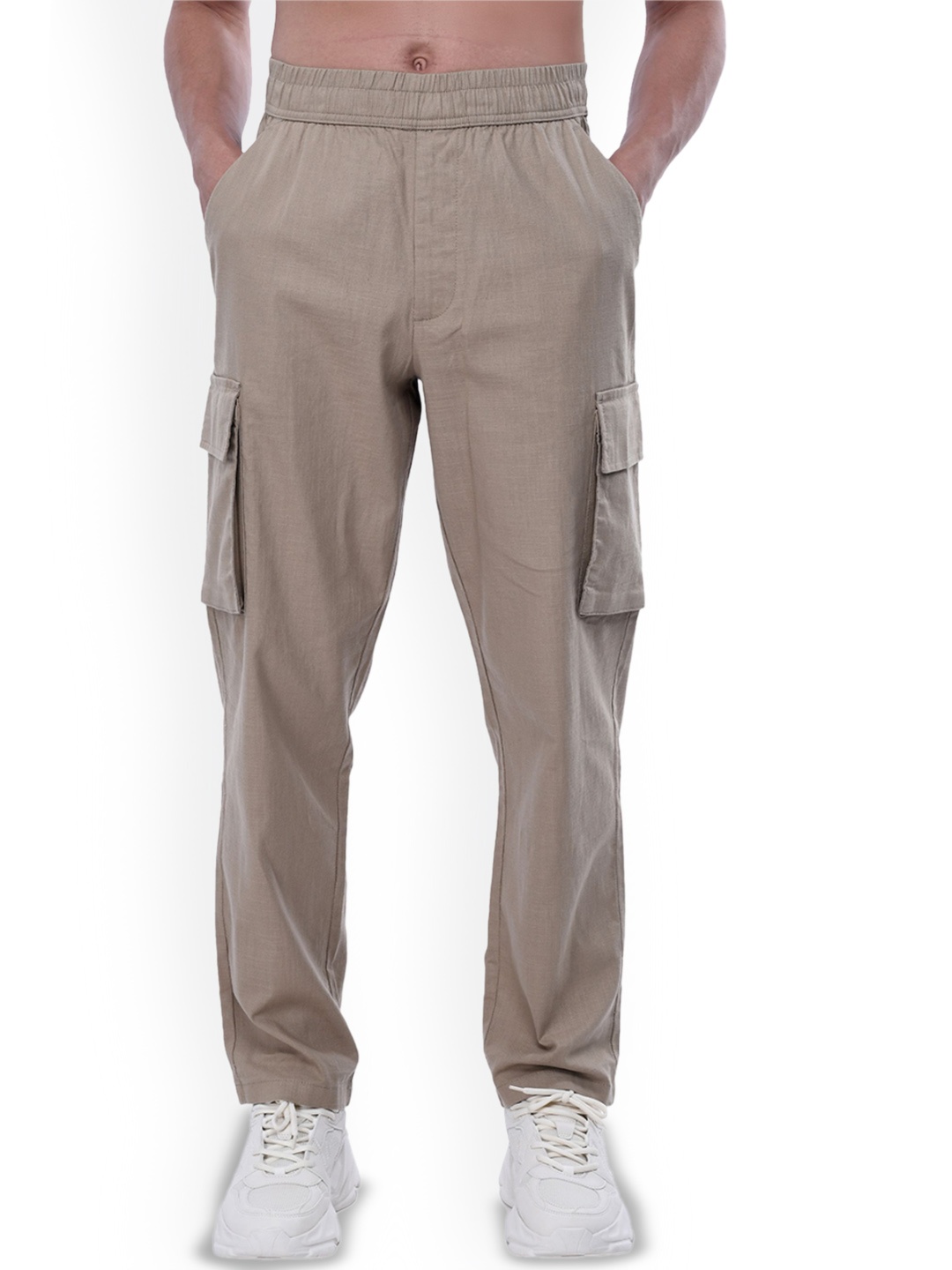 

Tailoraedge Men Solid Loose Fit Cargos Trousers, Khaki