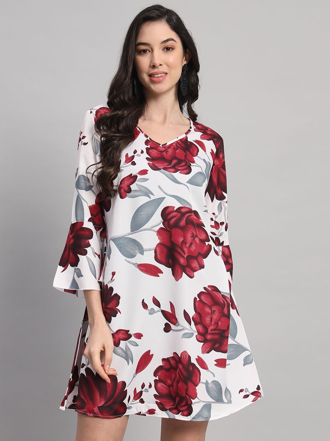 

Curvydrobe Floral Printed Bell Sleeve Crepe A-Line Mini Dress, White