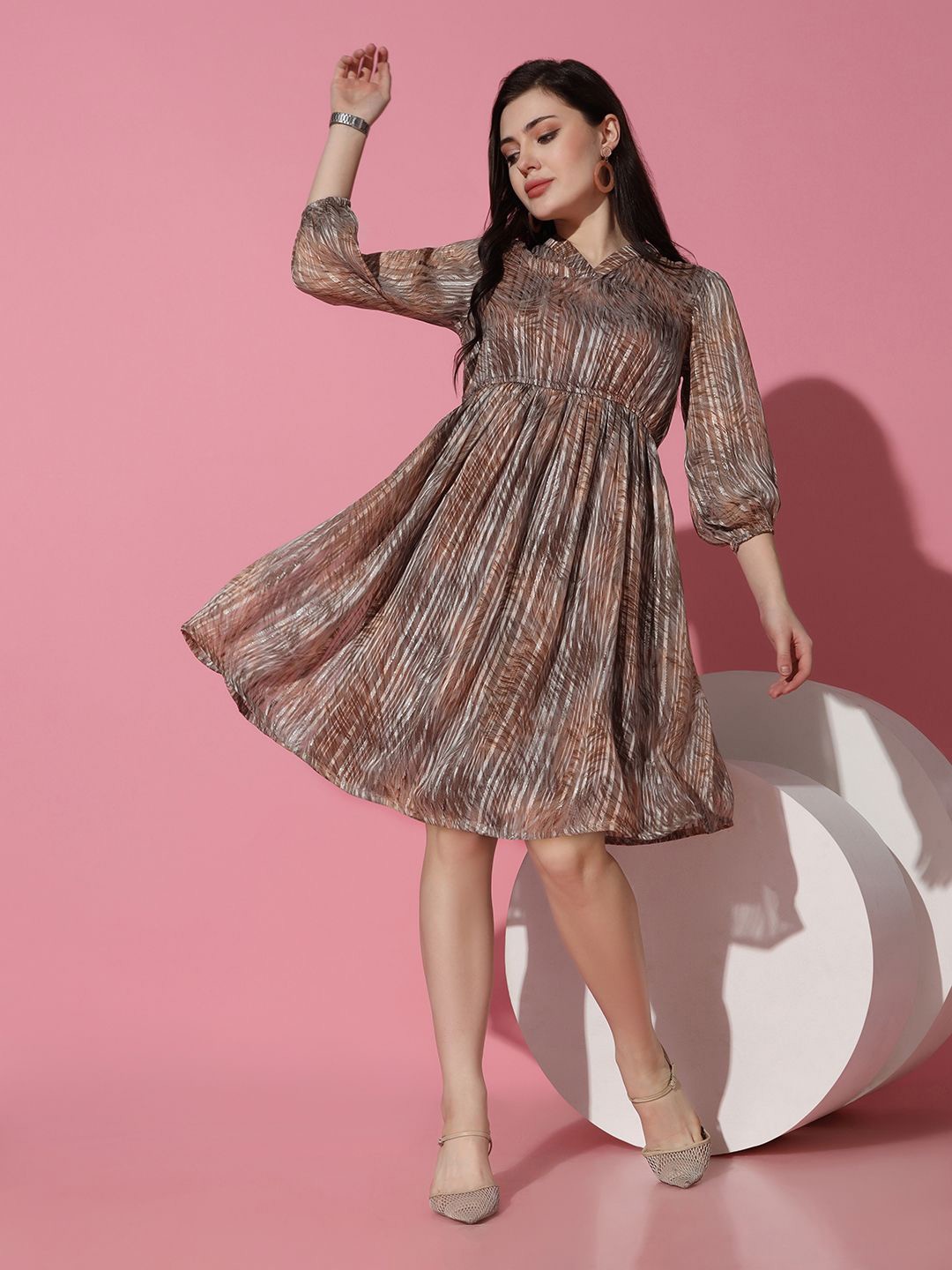 

BAESD Floral Print Puff Sleeve Georgette Fit & Flare Mini Dress, Brown