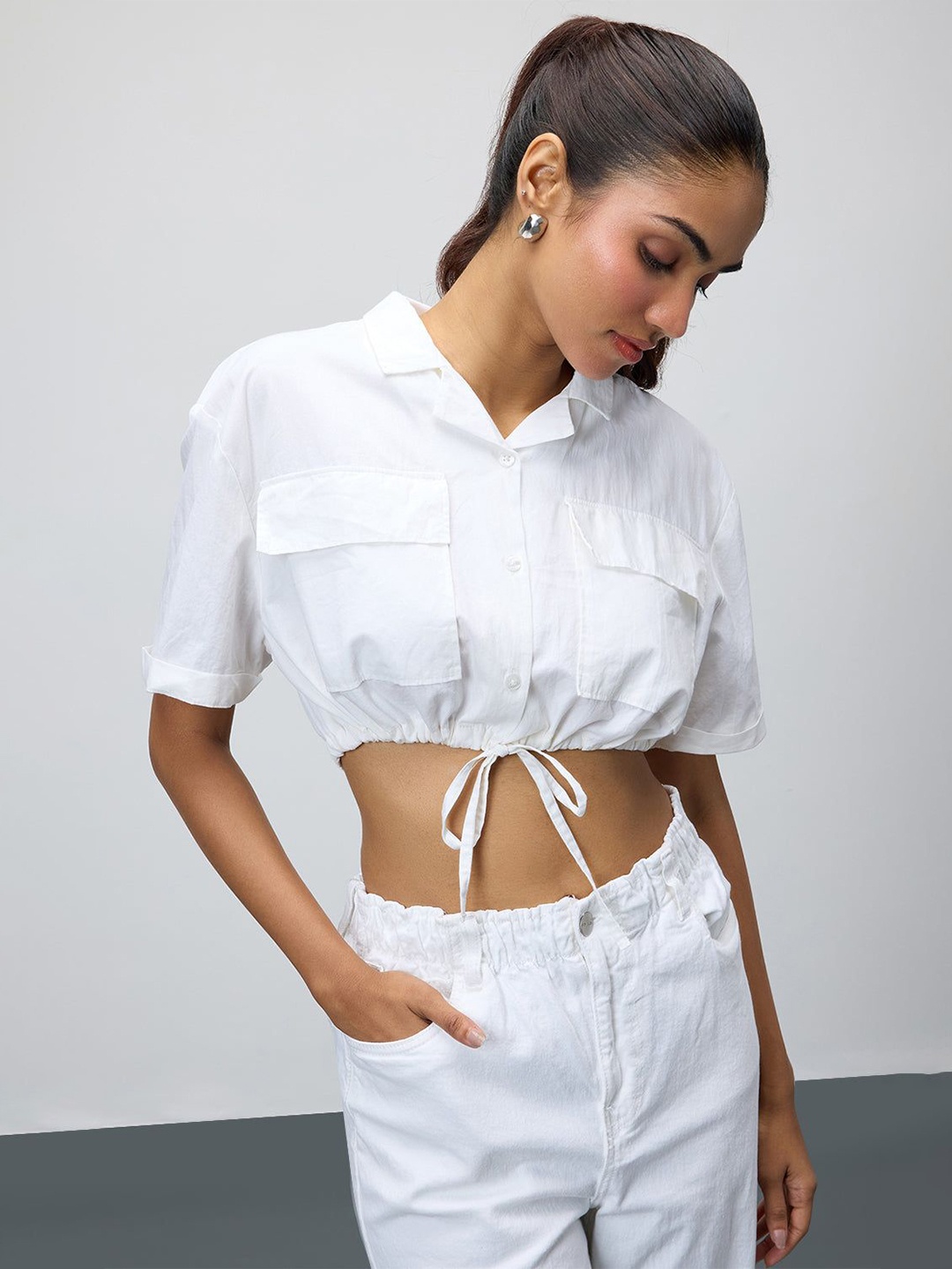 

FREAKINS Women Solid Shirt Collar Cotton Top, White