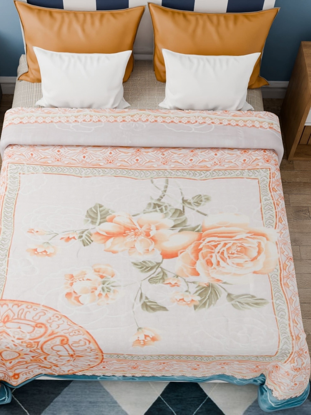 

Nivasam Peach-Coloured & White Floral Fur Heavy Winter Double Bed Blanket